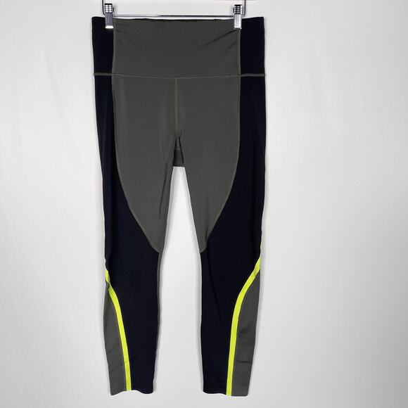 Athleta Medium M Gray Black Spar Colorblock 7/8 Tight Leggings Neon Yellow Trim - Picture 1 of 12
